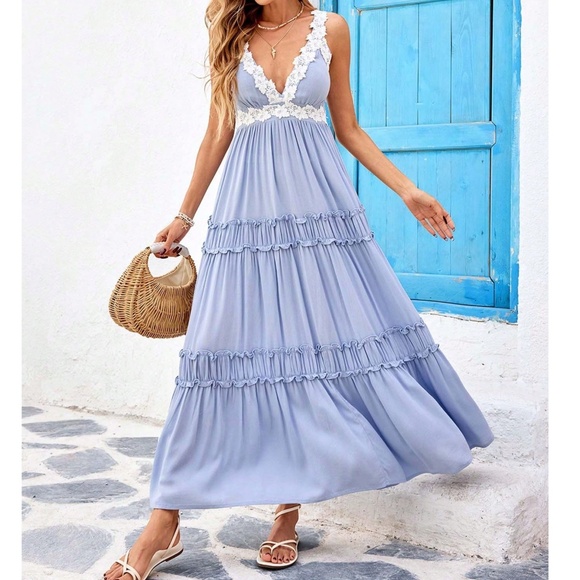 Boho Dusty Blue Lace Detail Flowy Cami Maxi Dress - Picture 3 of 6